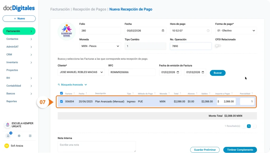 Genera un Complemento Recepción de Pago en un Sistema de Gestión empresarial integral