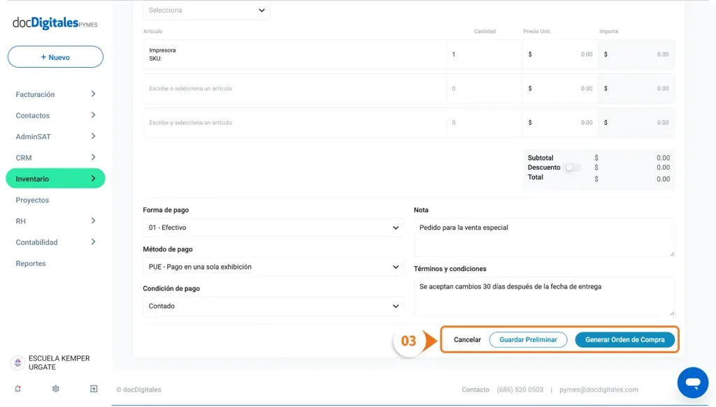 Enviar orden de compra al proveedor