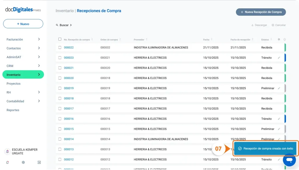 Generar una recepción de compra