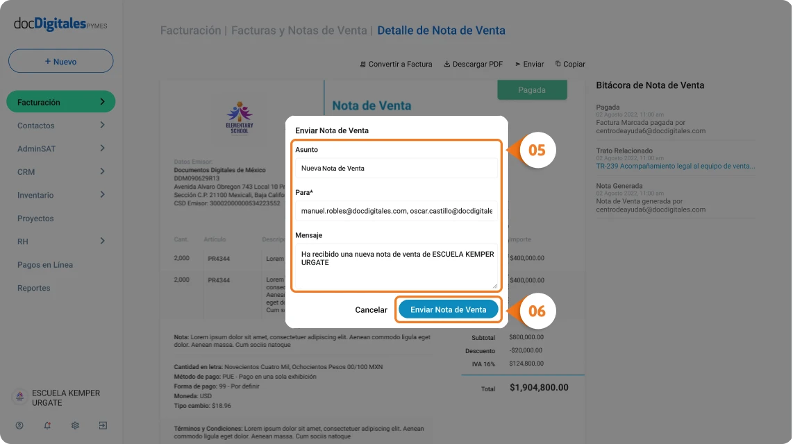 enviar nota de venta desde detalle
