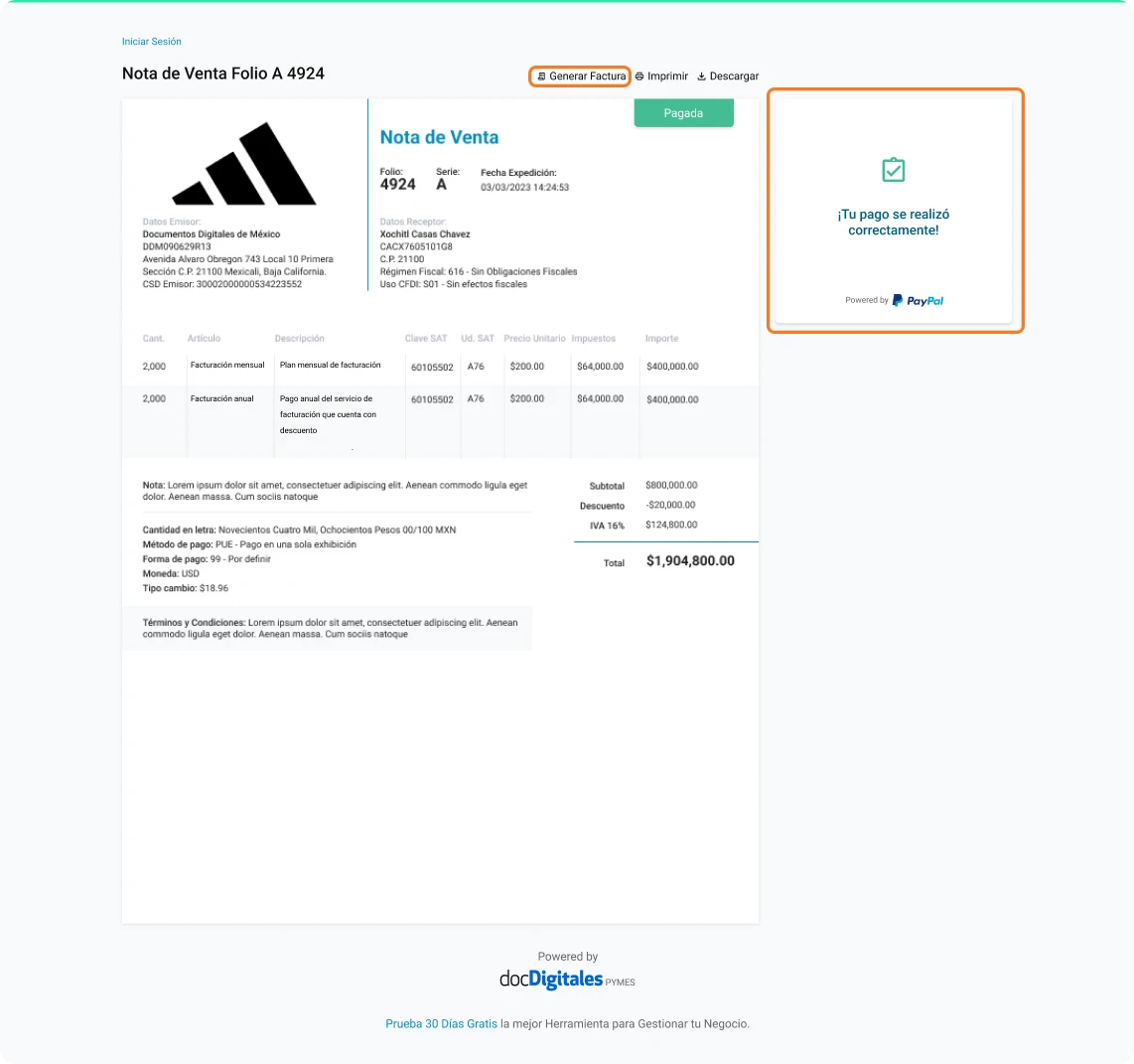 nota de venta autofactura pagada en linea