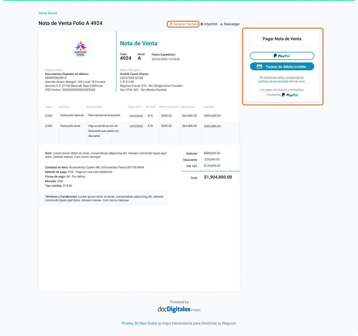 nota de venta con autofactura pago en linea