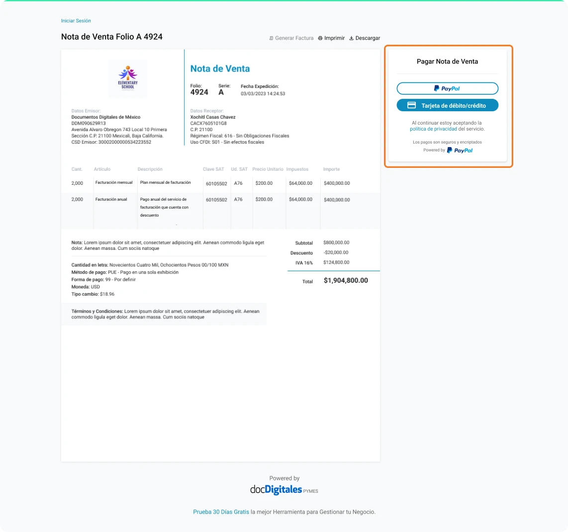 nota de venta con pagos en linea