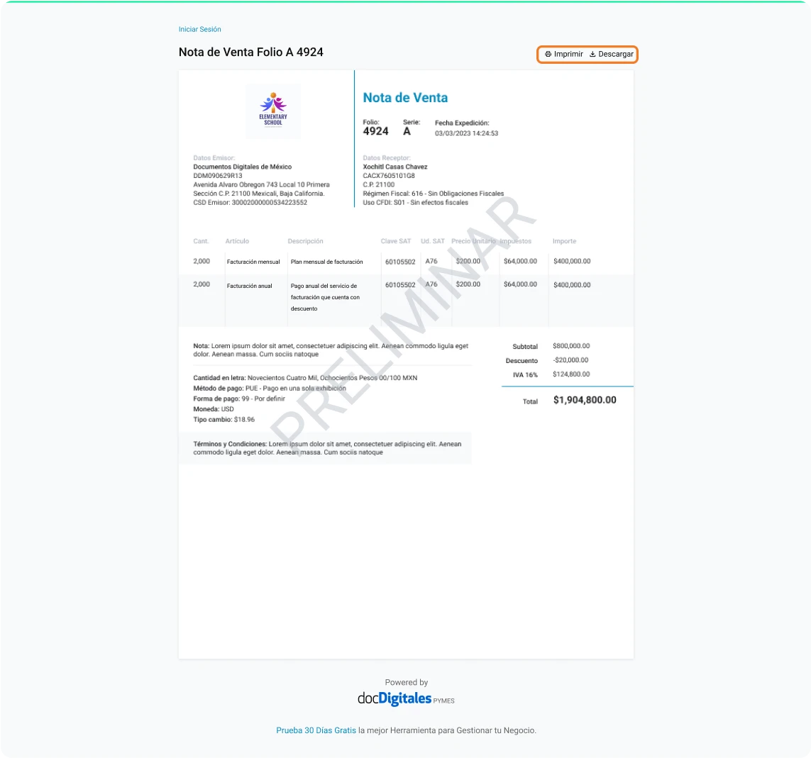 nota de venta preliminar