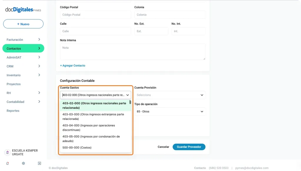 Agrega la información contable de tu proveedor