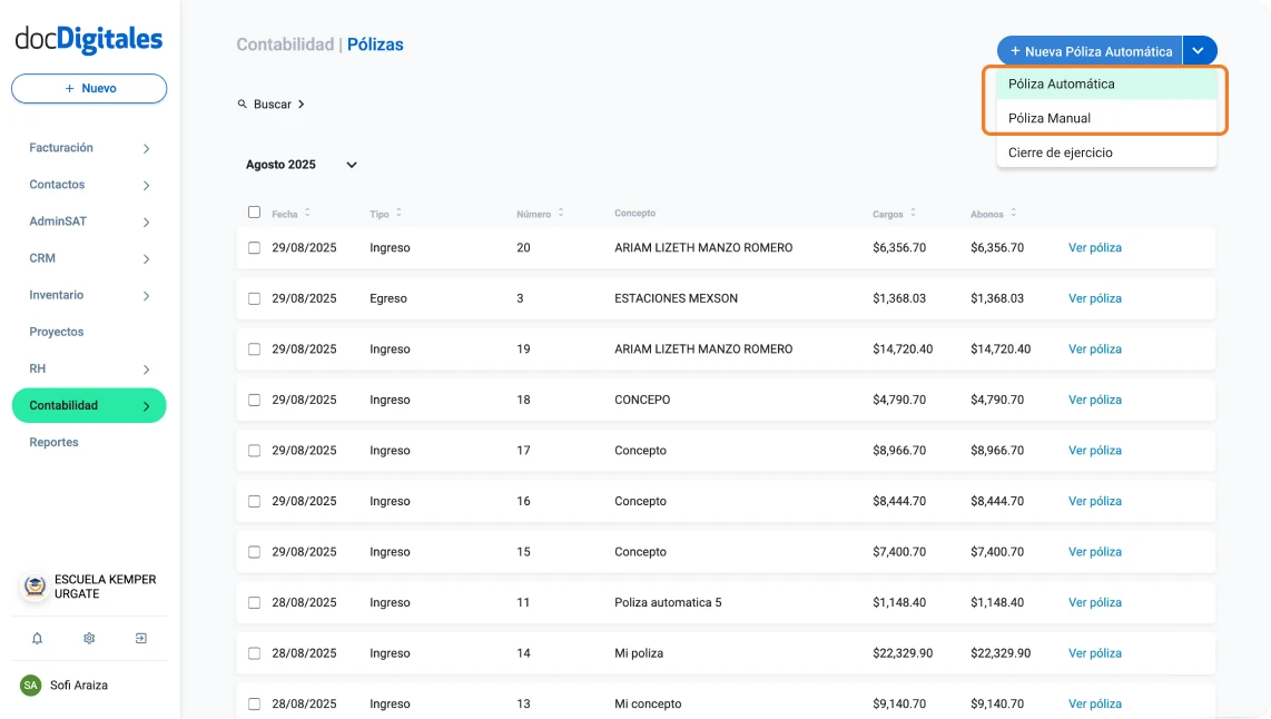 Tipos de pólizas que puedes generar en docDigitales