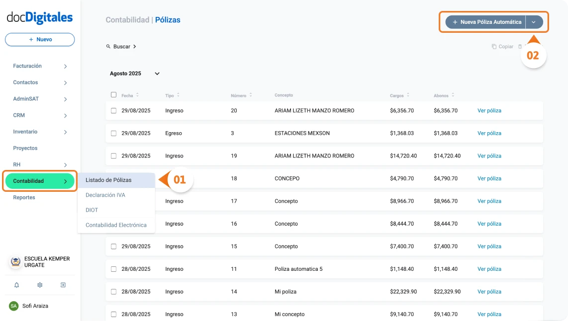 Crear póliza manual en sooftware contable