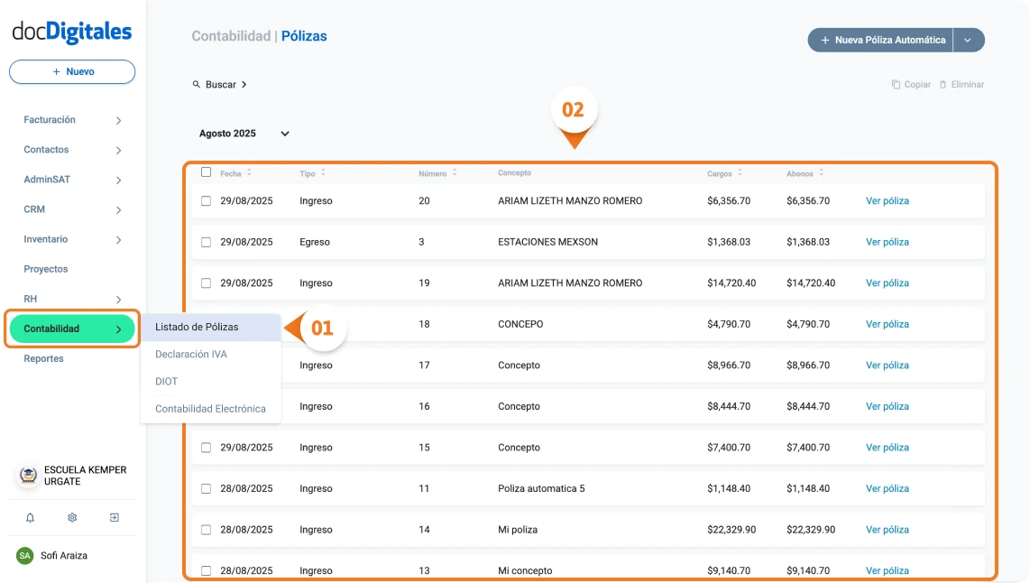 Listado de pólizas manuales y automáticas en un software contable
