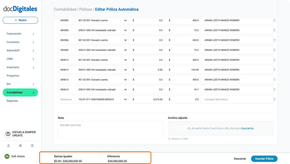 Consideraciones especiales para generar una póliza contable automática en docDigitales