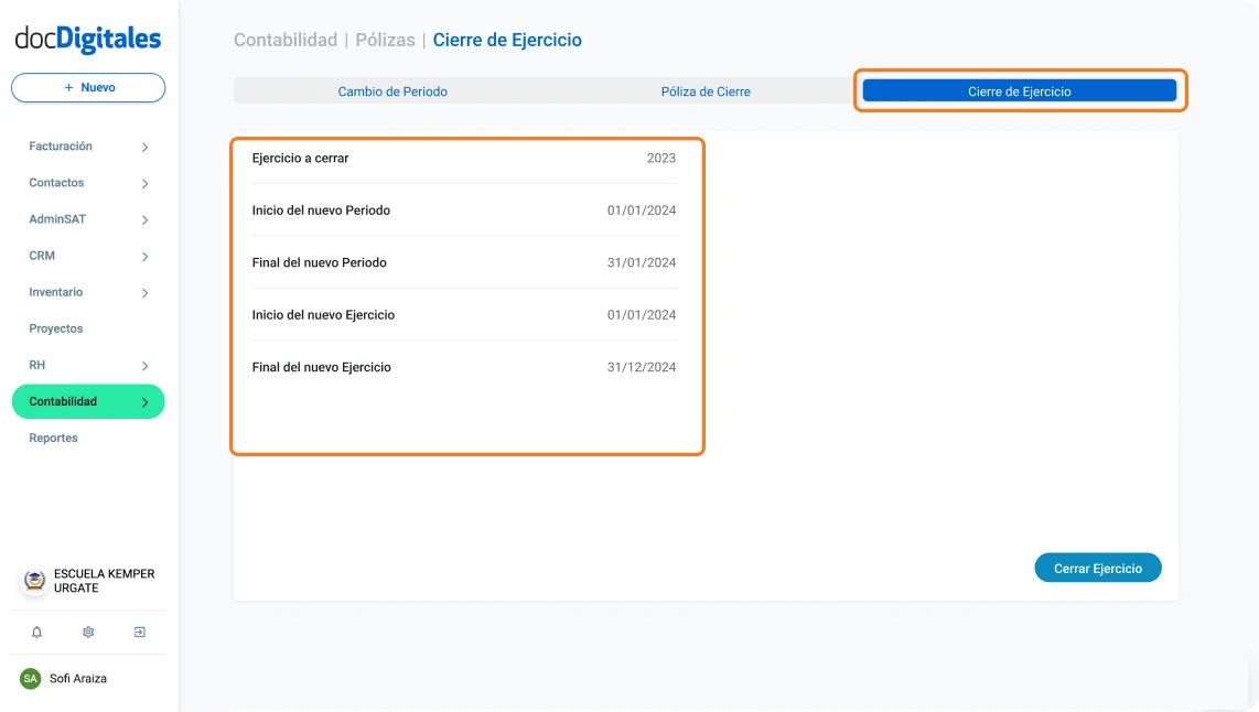 Cierre del ejercicio contable en software contable 