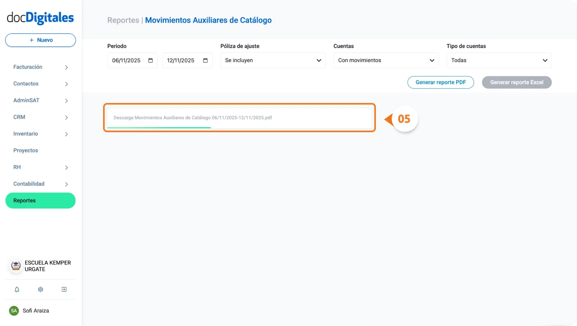 Generar reporte de movimientos auxiliares contables en un sistema para contadores