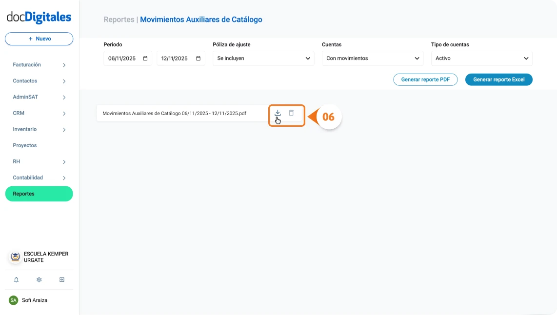 Generar reporte de movimientos auxiliares contables en un sistema para contadores