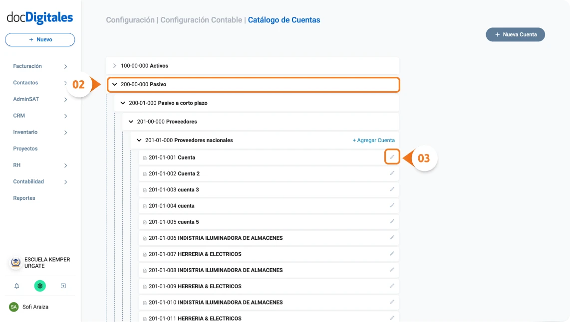 Editar subcuentas auxiliares del catálogo contable