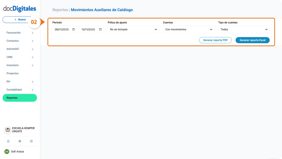 Generar reporte de movimientos auxiliares contables en un sistema para contadores