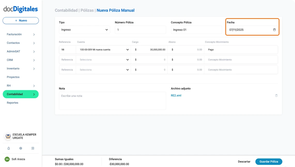 Elementos básicos de una póliza contable / fecha