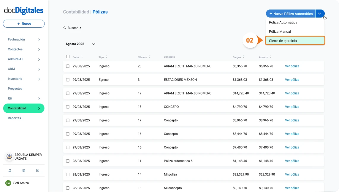 Realizar cierre del ejercicio contable en un sistema contable