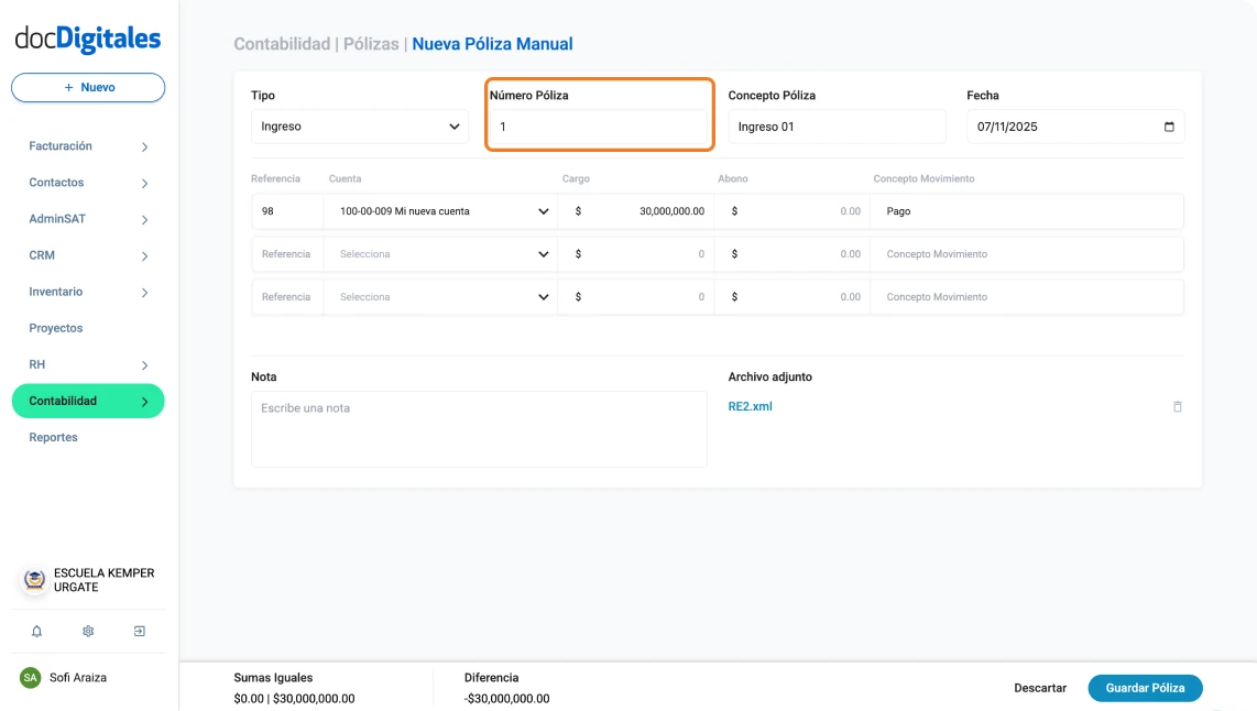 Elementos básicos de una póliza contable / número de póliza