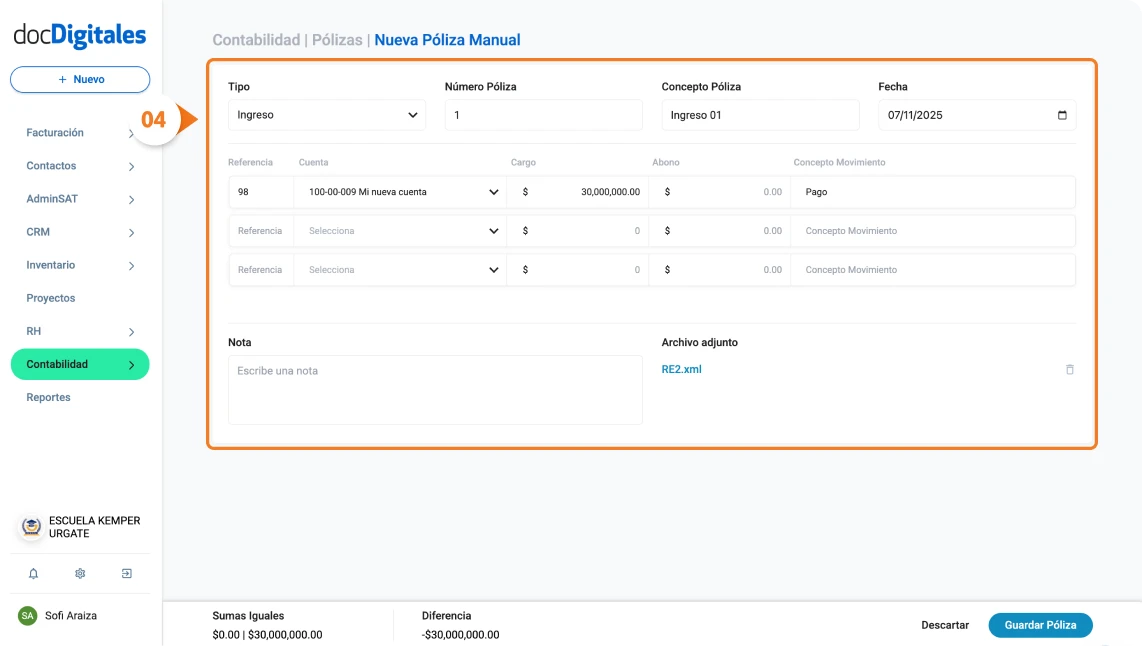 Crear póliza manual en software contable