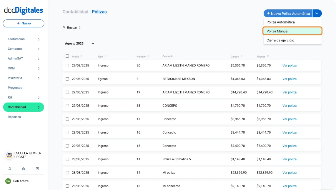 Crea una póliza contable manual en un software contable