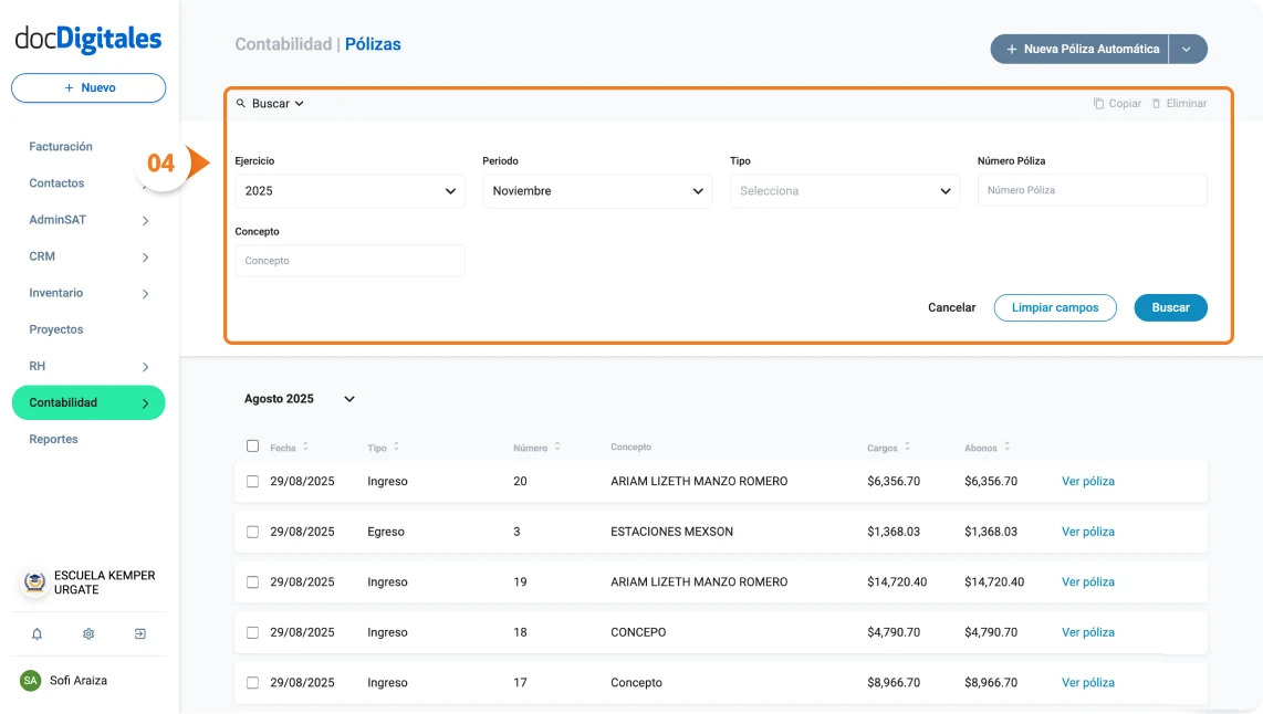 Buscar o filtrar pólizas contables en un software contable