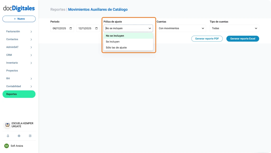 Generar reporte de movimientos auxiliares contables en un sistema para contadores