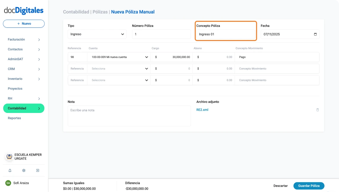 Elementos básicos de una póliza contable / concepto de póliza