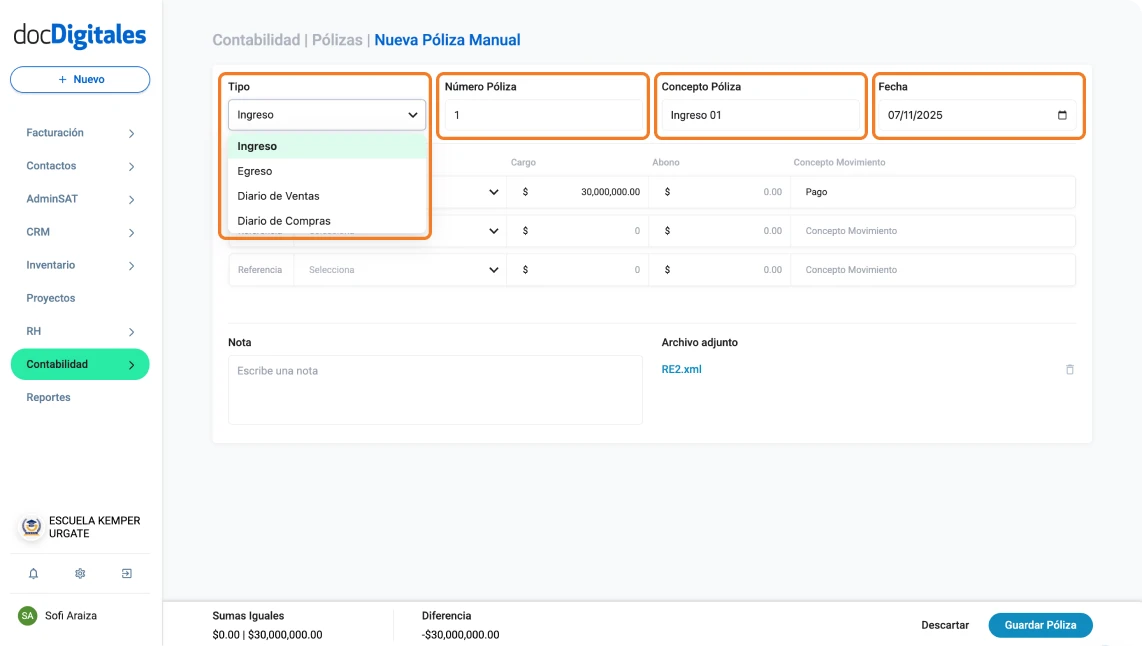 Crea una póliza manual campos de encabezado