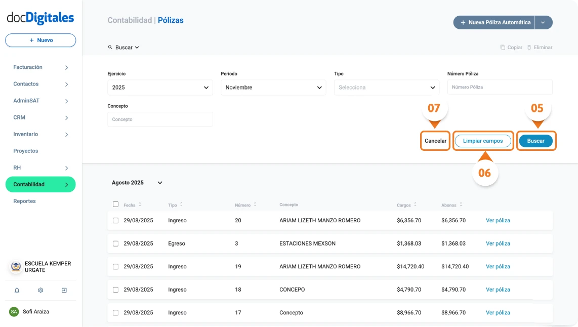 Buscar o filtrar pólizas contables en un software contable