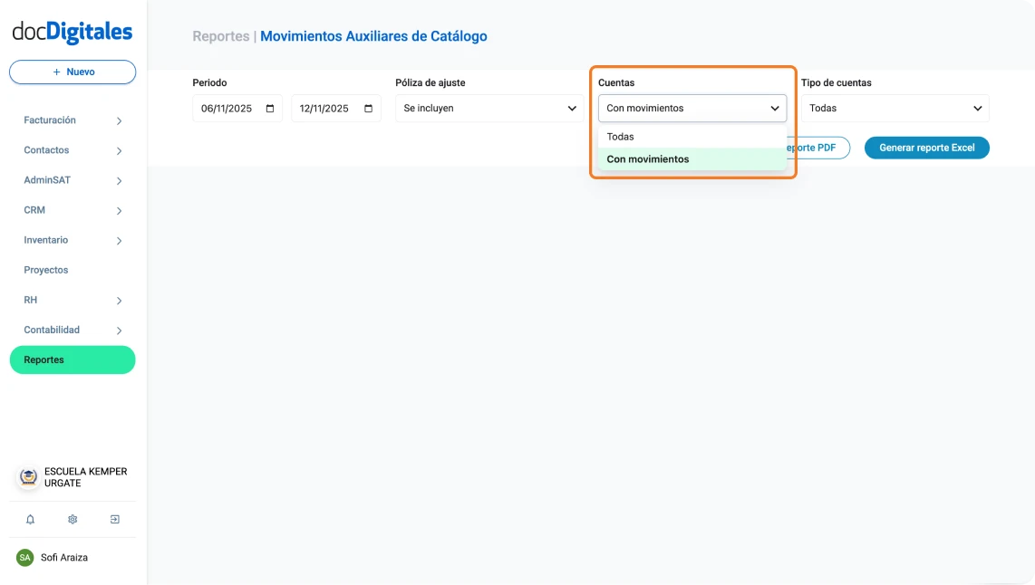 Generar reporte de movimientos auxiliares contables en un sistema para contadores