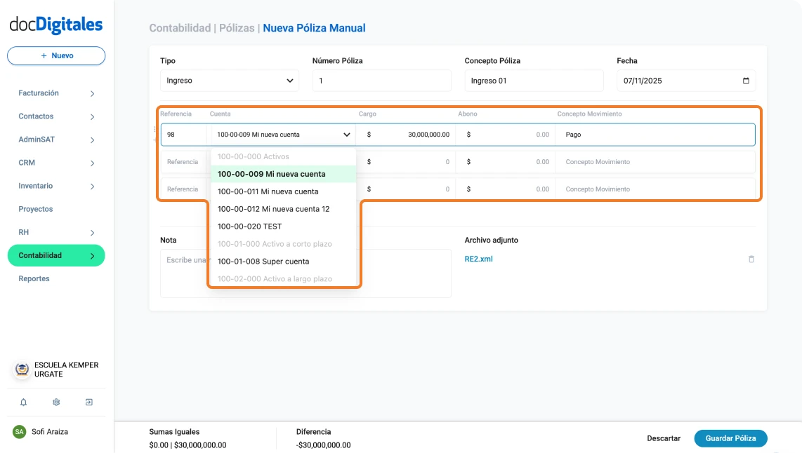 Crea una póliza manual sección cuentas
