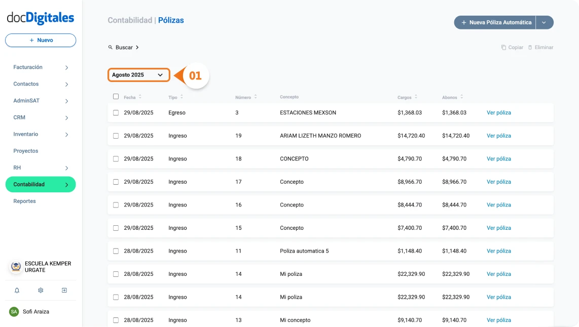 Busca o filtra pólizas contables dentro de un software contable