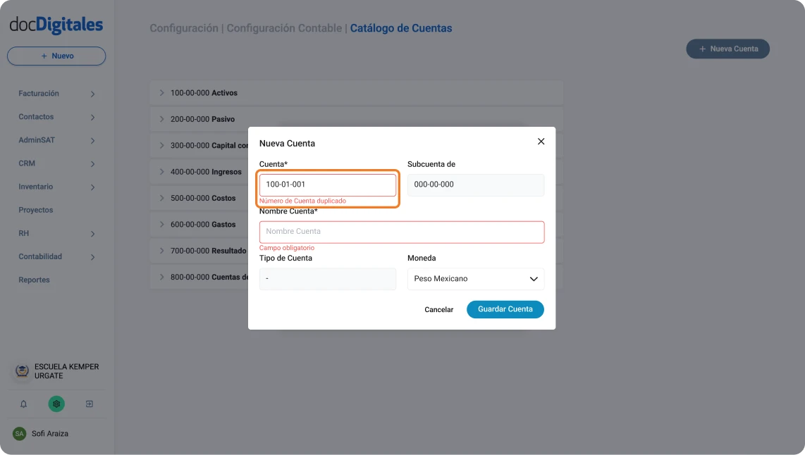 Error al crear una subcuenta auxiliar en el catálogo contable