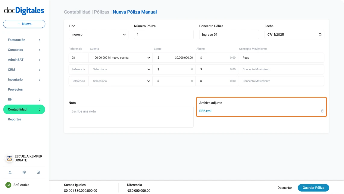 Elementos básicos de una póliza contable / Comprobantes o archivos adjuntos