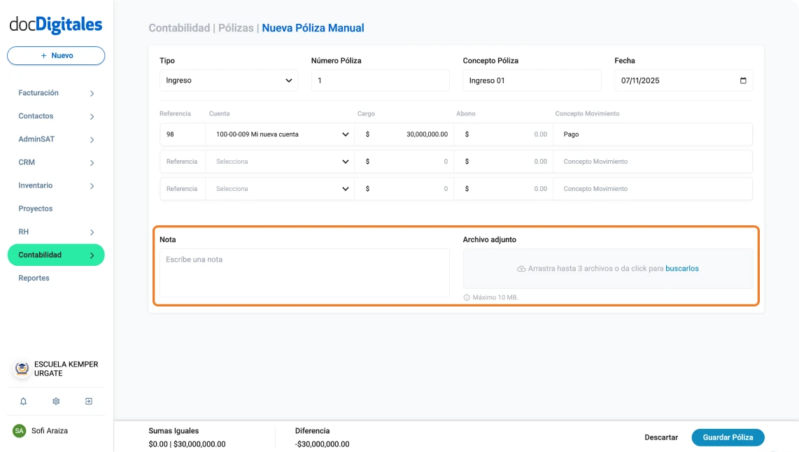 Crear póliza manual campos de notas y archivos adjuntos