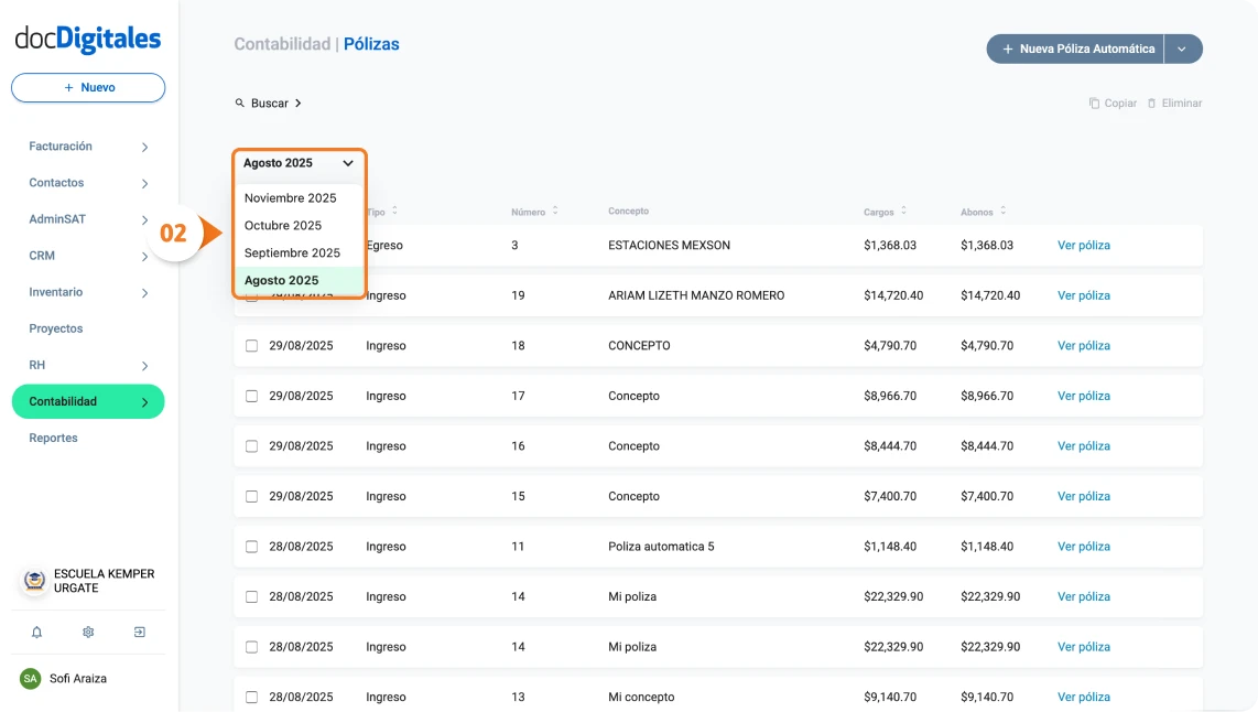 Busca o filtra pólizas contables dentro de un software contable