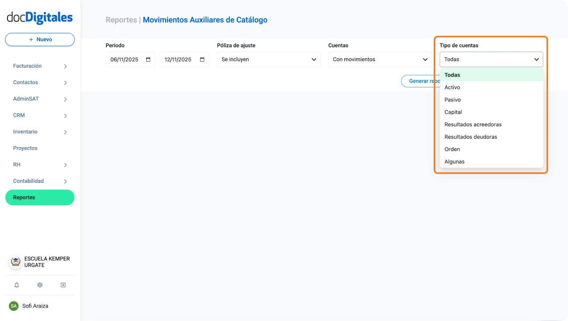 Generar reporte de movimientos auxiliares contables en un sistema para contadores
