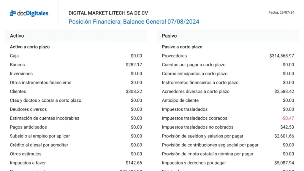 Ejemplo de balance general de una empresa en PDF generado en un sistema contable para pymes