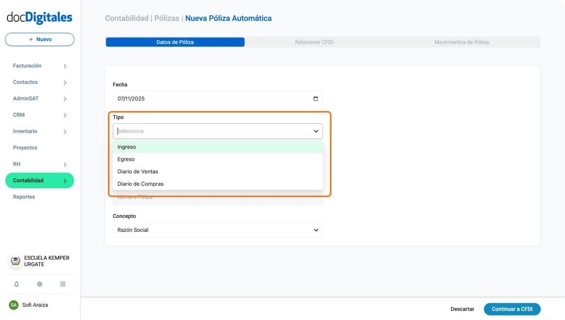 Tipos de pólizas que puedes generar en un software contable como docDigitales, póliza de diario de ventas, póliza de diario de compras, póliza de egreso, póliza de ingreso