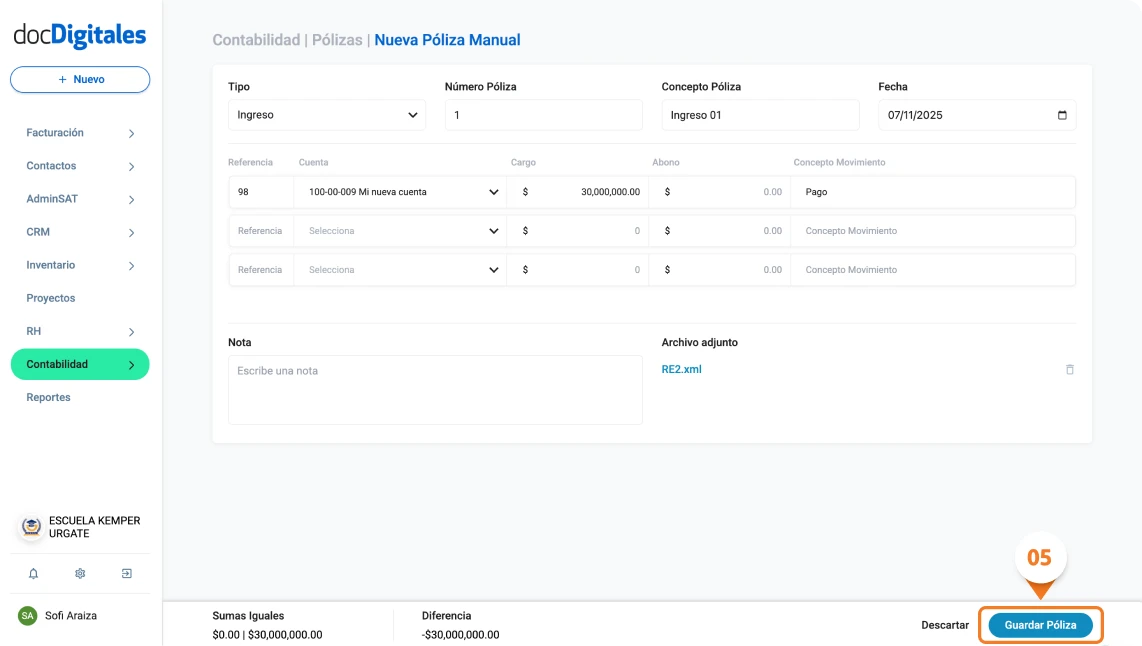 Póliza manual proceso de guardado