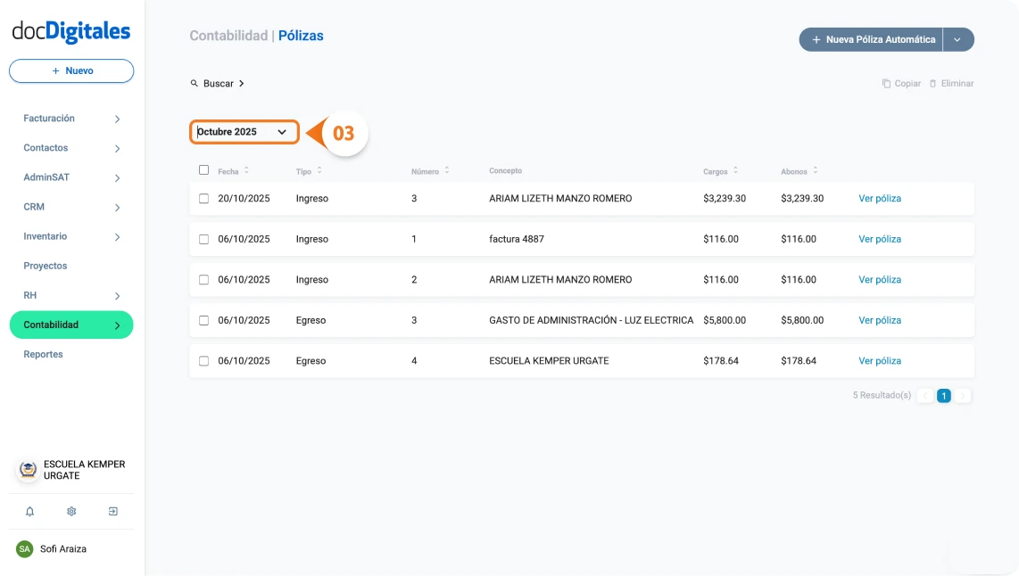 Busca o filtra pólizas contables dentro de un software contable