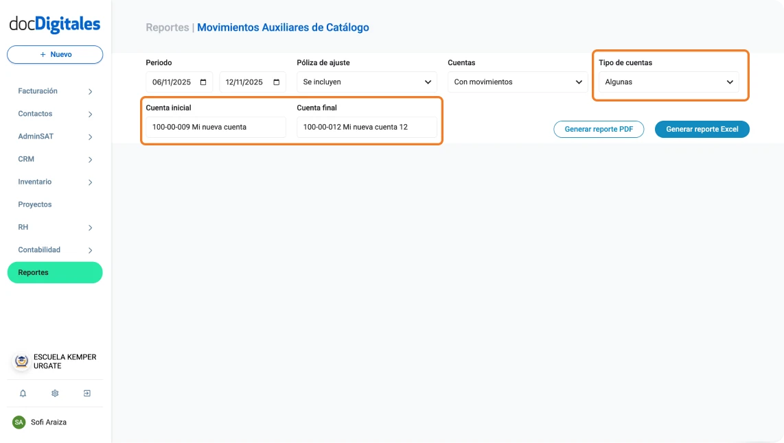 Generar reporte de movimientos auxiliares contables en un sistema para contadores