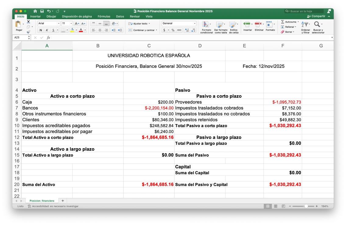 Ejemplo de reporte de balance generado en el excel por un sistea contable para pymes
