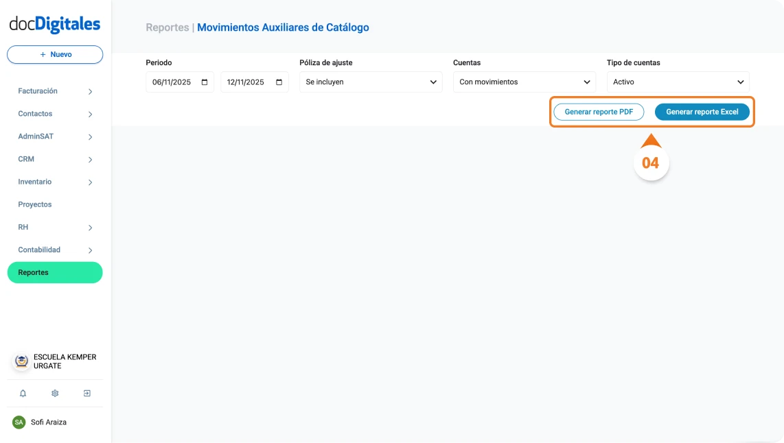 Generar reporte de movimientos auxiliares contables en un sistema para contadores