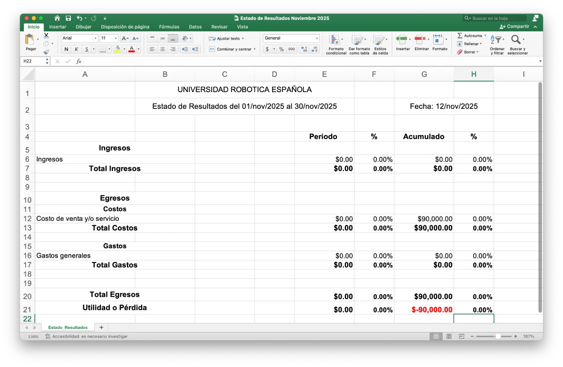 Ejemplo de un estado de resultados en formato excel proporcionado por un sistema contable para contadores