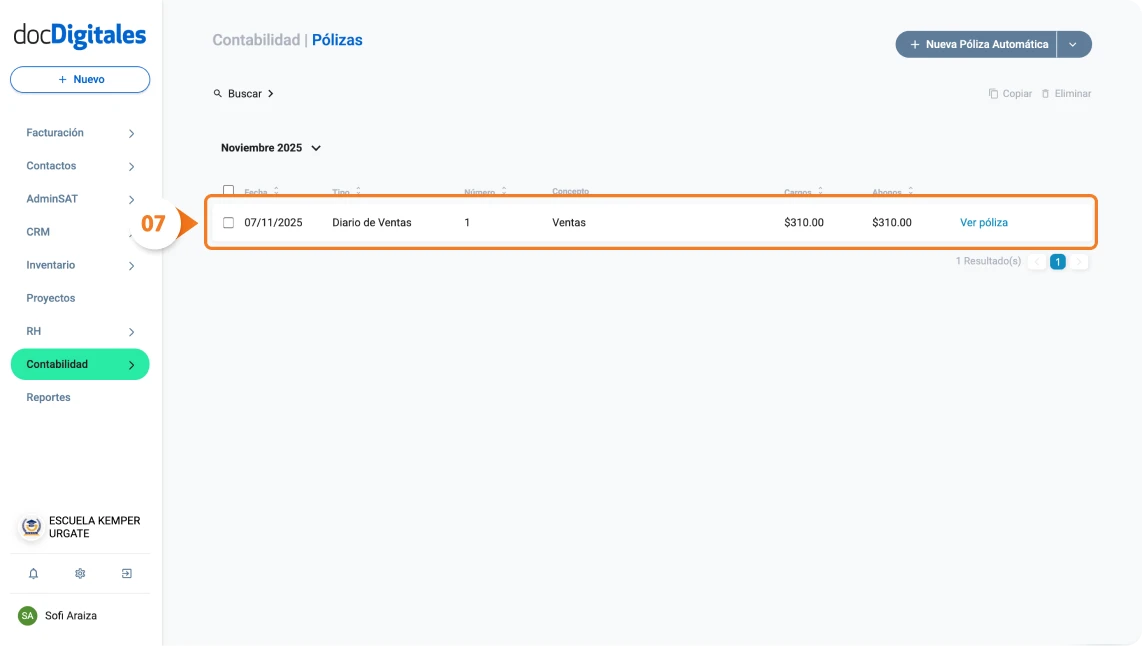 Póliza manual creada guardada en el listado de pólizas