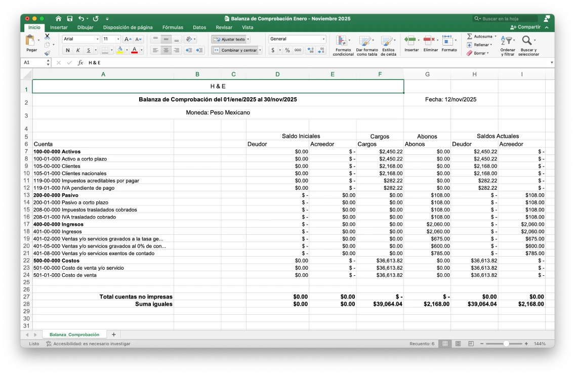 Ejemplo de balanza de comprobación en un archivo excel generado en un sistema contable para contadores