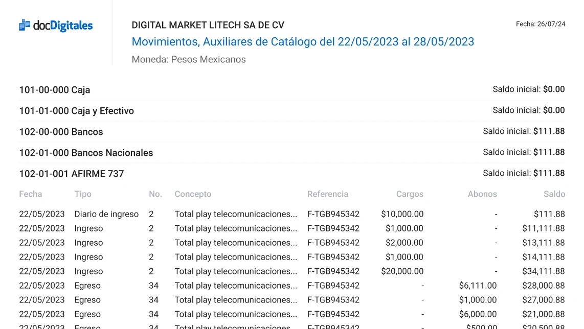 Ejemplo de reporte de movimientos auxiliares de catálogo contable en PDF de un sistema contable para contadores