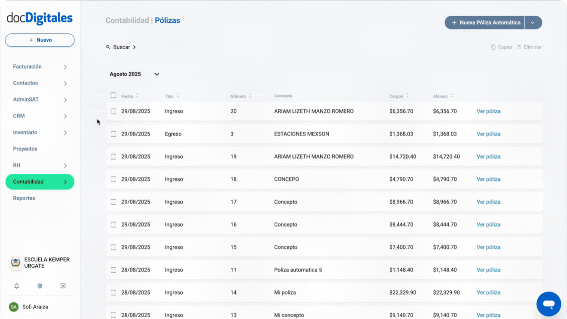 Copiar pólizas contables en docDigitales, sistema contable para contadores