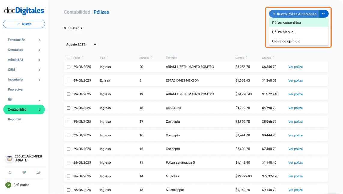Generación de Pólizas contables dentro de un software Contable para Pymes