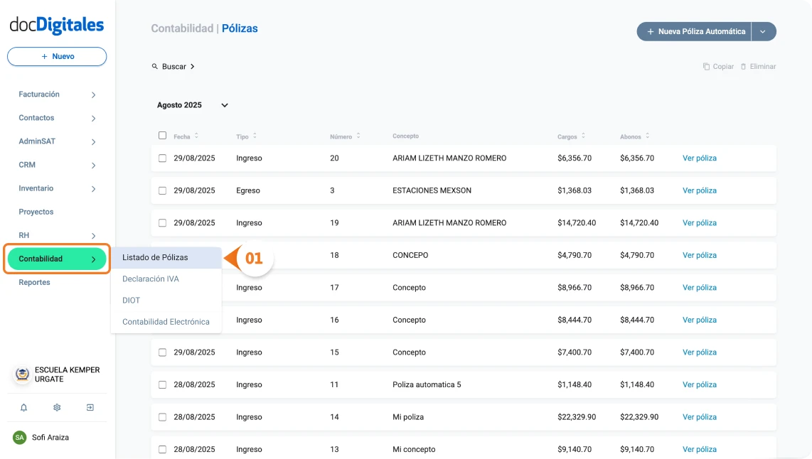 Configura una póliza automática contable en un sistema de contabilidad para contadores